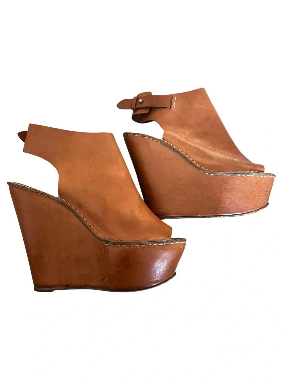 Chloe Tan Leather Platform Wedge Sandals 6.5